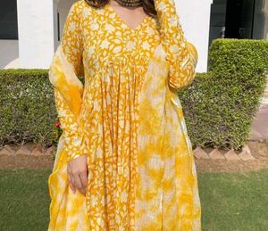 Blue Green Floral Anarkali Set