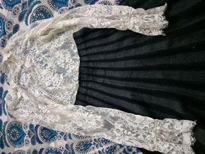 White Net Top With Black And Grey Skirt