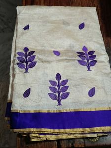 Elegant Beige &amp; Purple Embroidered Saree