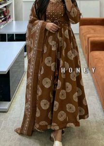 Brown Cotton Printed Anarkali with Attached Jacket