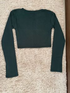 Ribbed Long Sleeve Fitted Crop Top - Dark Green