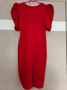 Red Puff Sleeve Sheath Dress