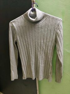 Grey Ribbed Turtleneck Top