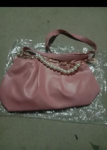 Elegant Pink Handbag with Pearl & Gold Chain Detai