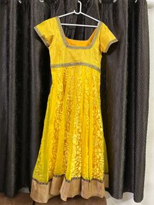 Yellow Anarkali Dress With Net Duppata &amp; Pant