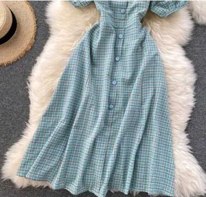 Blue Plaid Puff Sleeve Midi Dress
