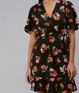 Floral Printed Flared Sleeve Wrap Above Knee Dress
