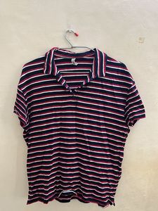 BARE Denim Striped Red White Black Polo Tee