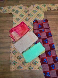 Floral Print Kurti Pant with 3 Blouse Pieces