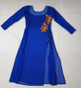 Blue Embroidered Net Side Cut Kurti