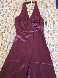 ZARA Halterneck Satin Jumpsuit - Brinjal Color