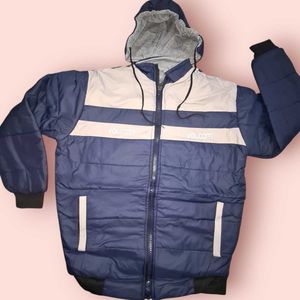 Men's Jacket With Zipper Hoodie, Blue & Grey