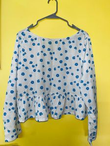 White And Blue Floral Printed A-Line Top