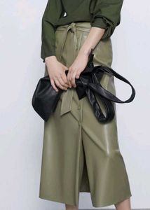 ZARA Khaki Faux Leather Buttoned Skirt with Belt