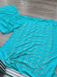 Teal Embroidered Dress Material