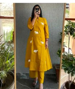 Yellow Elephant Print Kurti Set