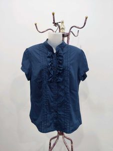Navy Ruffle Front Blouse