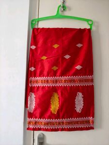 Red & White Assamese Mekhala Chador(Without Blouse