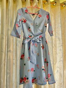 Blue White Striped Midi Dress With Belt