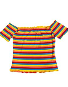 SHEIN Off Shoulder Rib-Knit Rainbow striped top