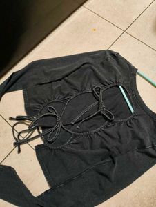 Backless Black Long Sleeve Tie Back Top