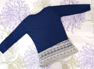Prussian Blue Three Quarter Sleeve Embroidered Top