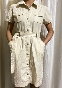 Cream Belt Button Down Dress
