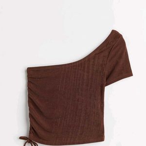 Brown One-Shoulder Ruched Top