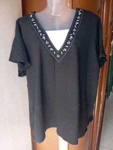 Embroidered V-Neck Black Top