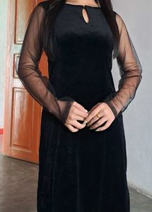 Black Velvet Dress with Sheer Sleeves