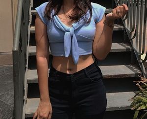 Cute Light Blue Tie Front Top