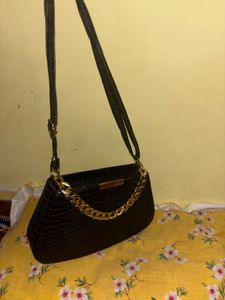 Black Faux Croc Shoulder Bag with Gold Chain