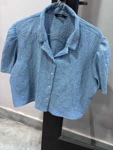 Blue Textured Puff Sleeve Top