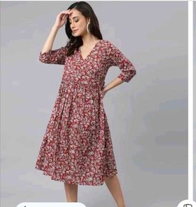 Janasya Red Cotton Wrap Dress (S)