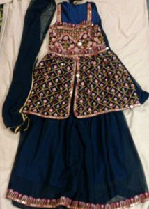 Navy Blue Embroidered Sleeveless Suit With Plazo