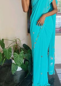 Teal Blue Colour Saree With Heavy Work Pallu.