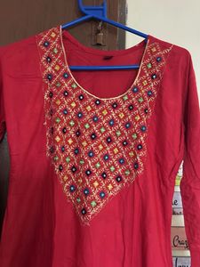 Red &amp; Blue Embroidered Kurti with Skirt