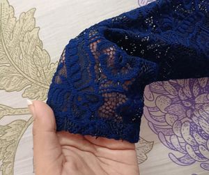 Prussian Blue Three Quarter Sleeve Embroidered Top