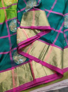 Green &amp; Pink Checkered uppada silk Saree