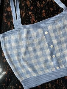 Blue Gingham Knit Crop Top