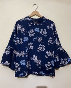 Floral Mock Neck Bell Sleeve Top