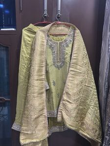 lime green suit set with banarsi dupatta