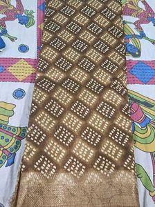 Brown Cotton Bandhani Silk Saree