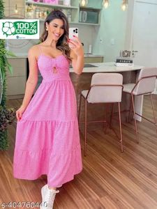 Pink Ghingam Cotton Maxi Dress