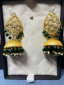 Indian Jhumka Earrings - Green & Gold