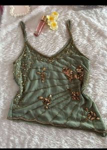 sage green y2k butterfly sequin top