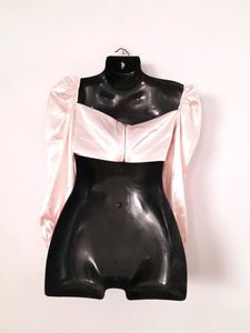 Pink Satin Puff Sleeve Crop Top