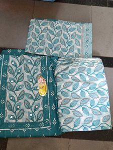 Teal Leaf Print Salwar Suit Fabric