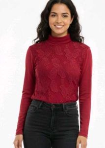 Elegant Red Lace Turtleneck Top