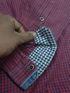 Burgundy Houndstooth Shirt with Denim Accents